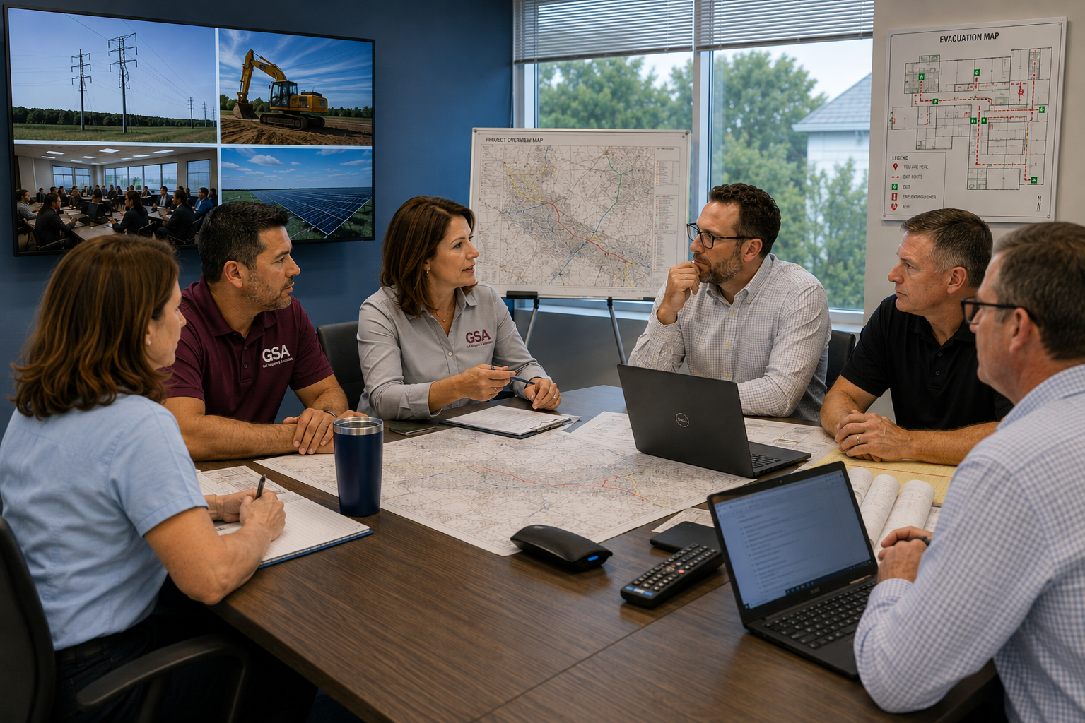 GSA staff and project partners collaborating around maps in a conference room